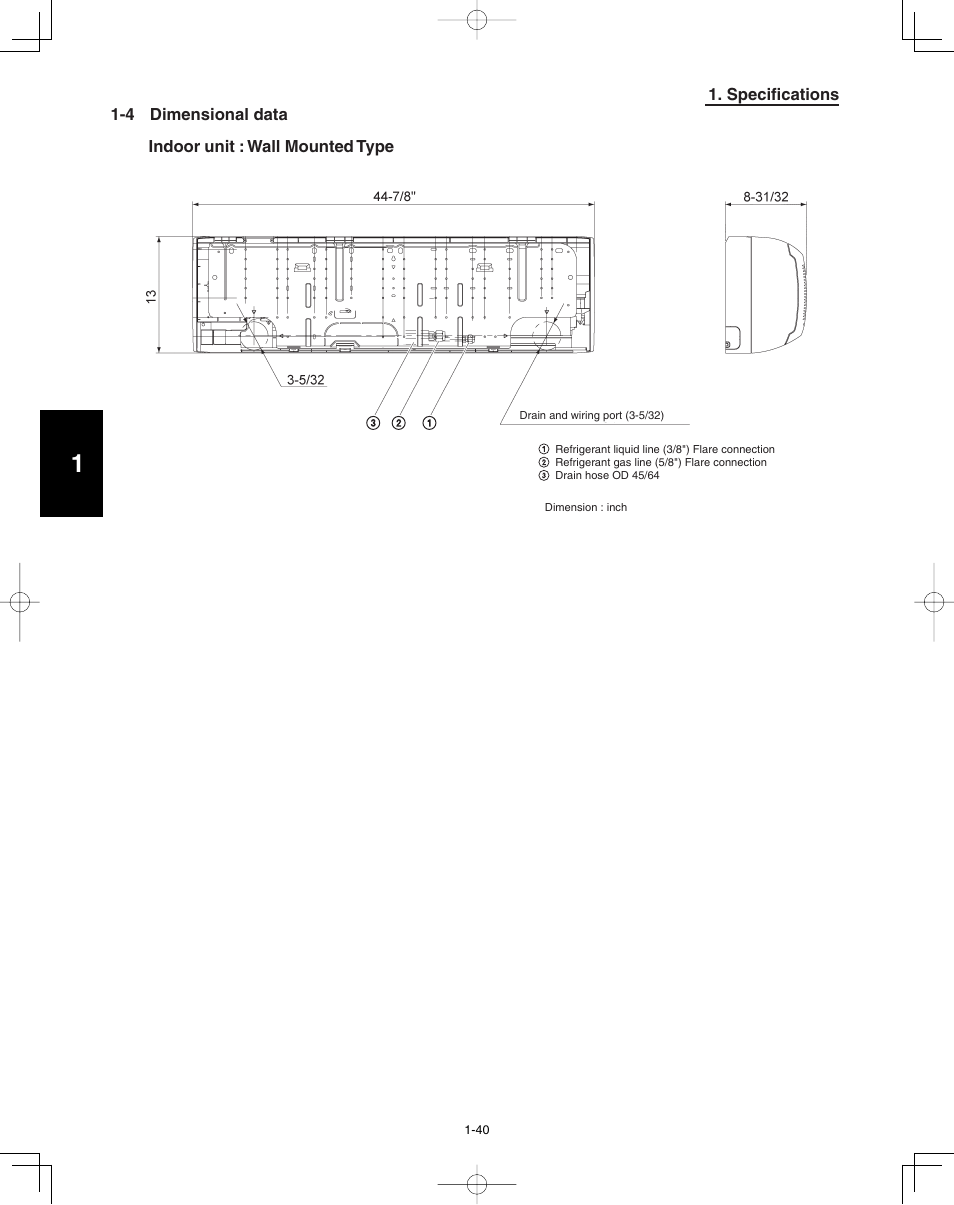 Specifications 1-4 dimensional data, Indoor unit : wall mounted type | Panasonic 36PEF1U6 User Manual | Page 46 / 198