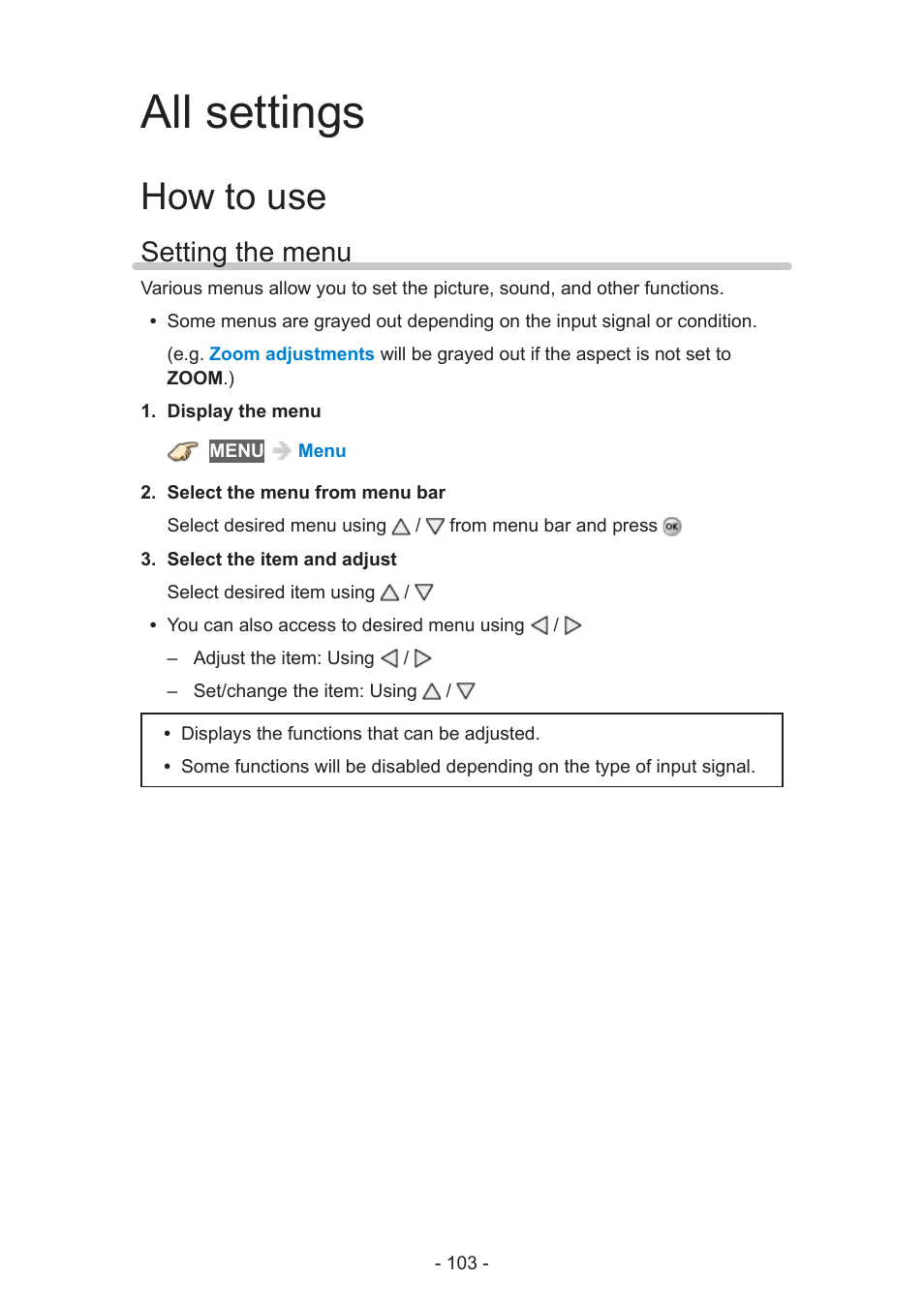 All settings, How to use, Setting the menu | Panasonic TC-55AS530U User Manual | Page 103 / 157