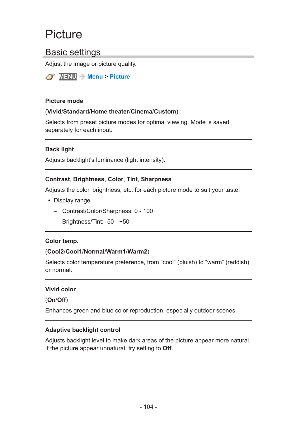 Picture, Basic settings | Panasonic TC-55AS530U User Manual | Page 104 / 157