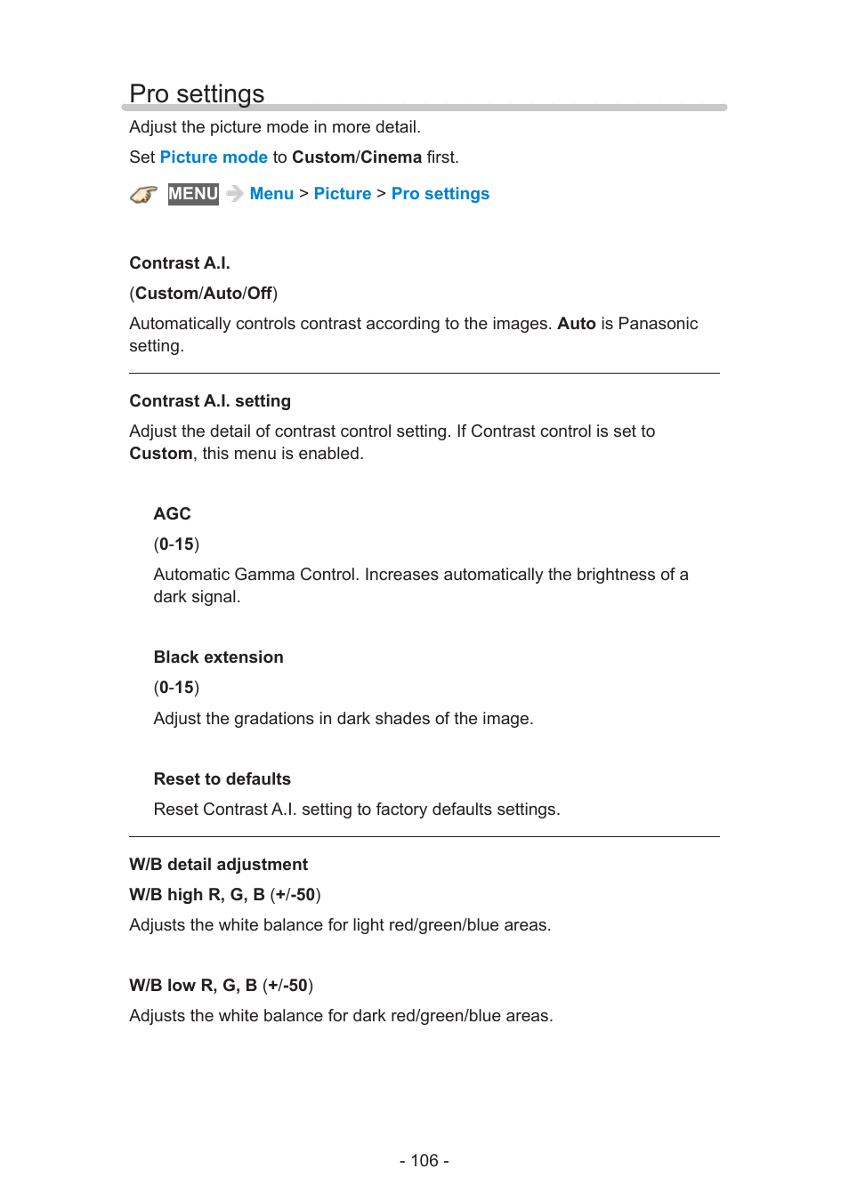 Pro settings, Pro settings 106 | Panasonic TC-55AS530U User Manual | Page 106 / 157