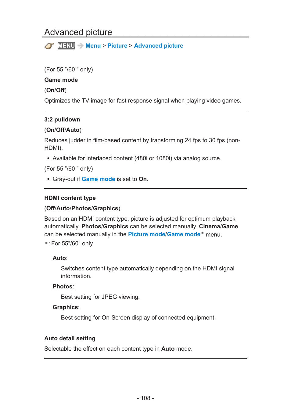 Advanced picture, Advanced picture 108 | Panasonic TC-55AS530U User Manual | Page 108 / 157