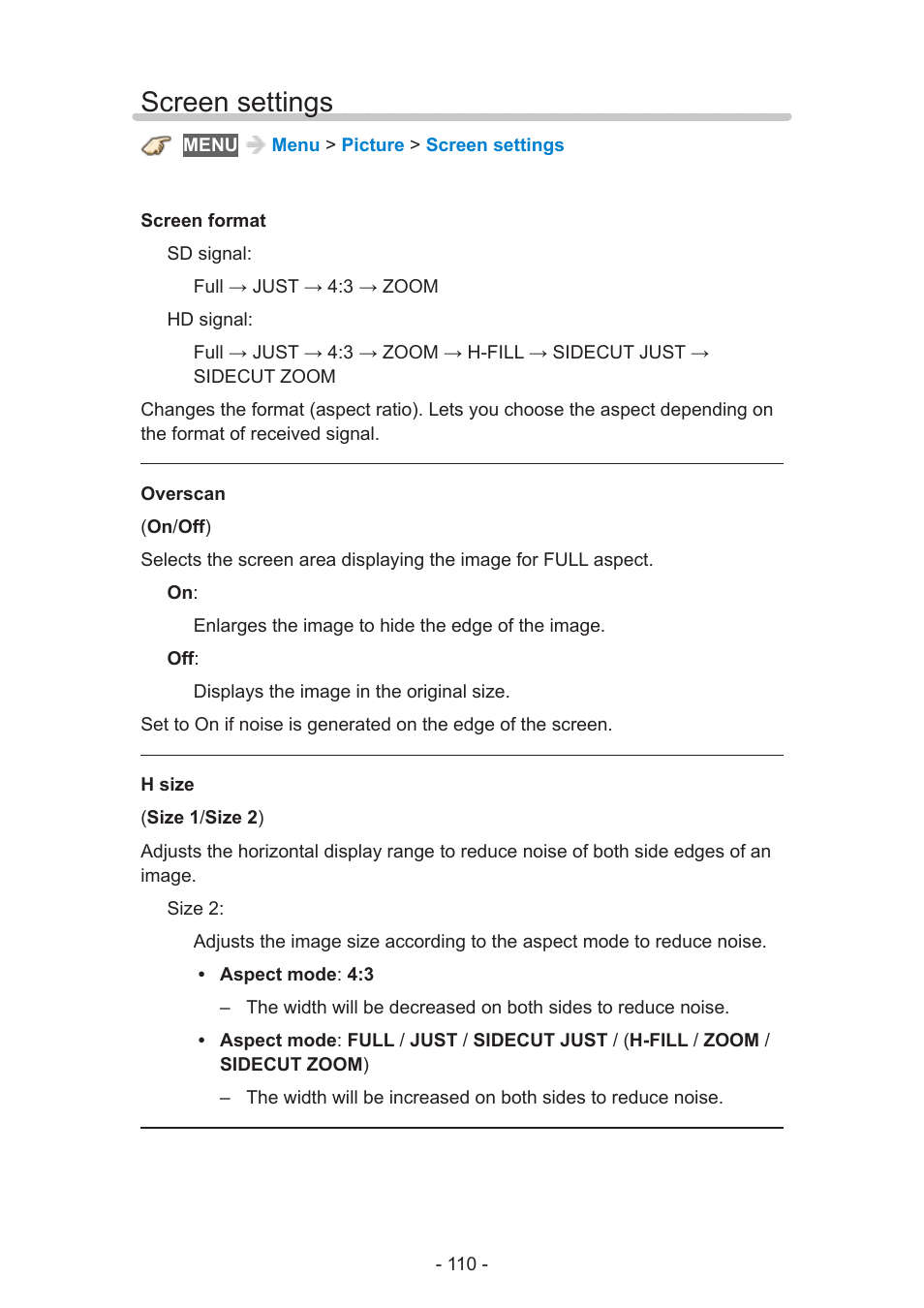 Screen settings | Panasonic TC-55AS530U User Manual | Page 110 / 157