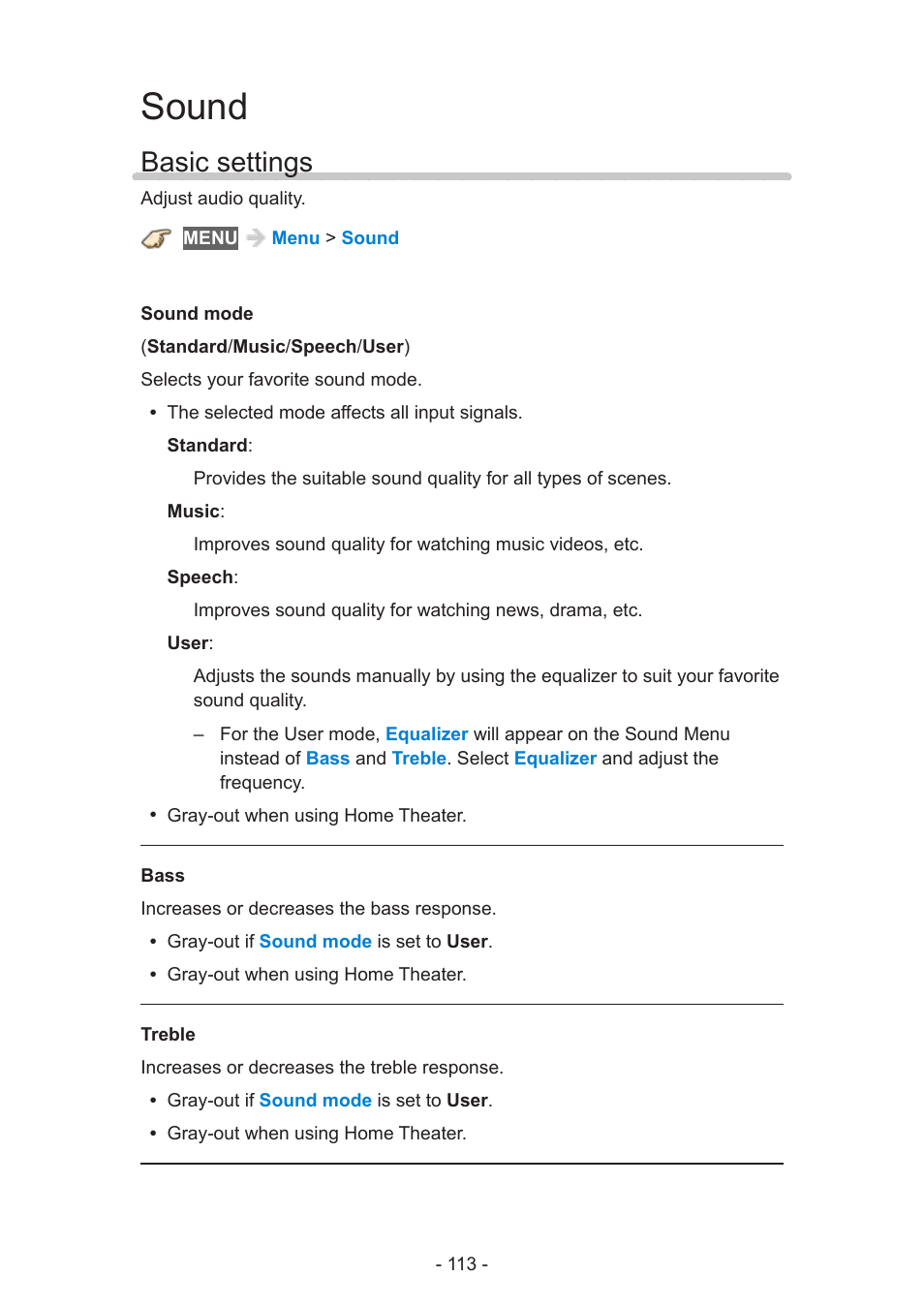 Sound, Basic settings | Panasonic TC-55AS530U User Manual | Page 113 / 157