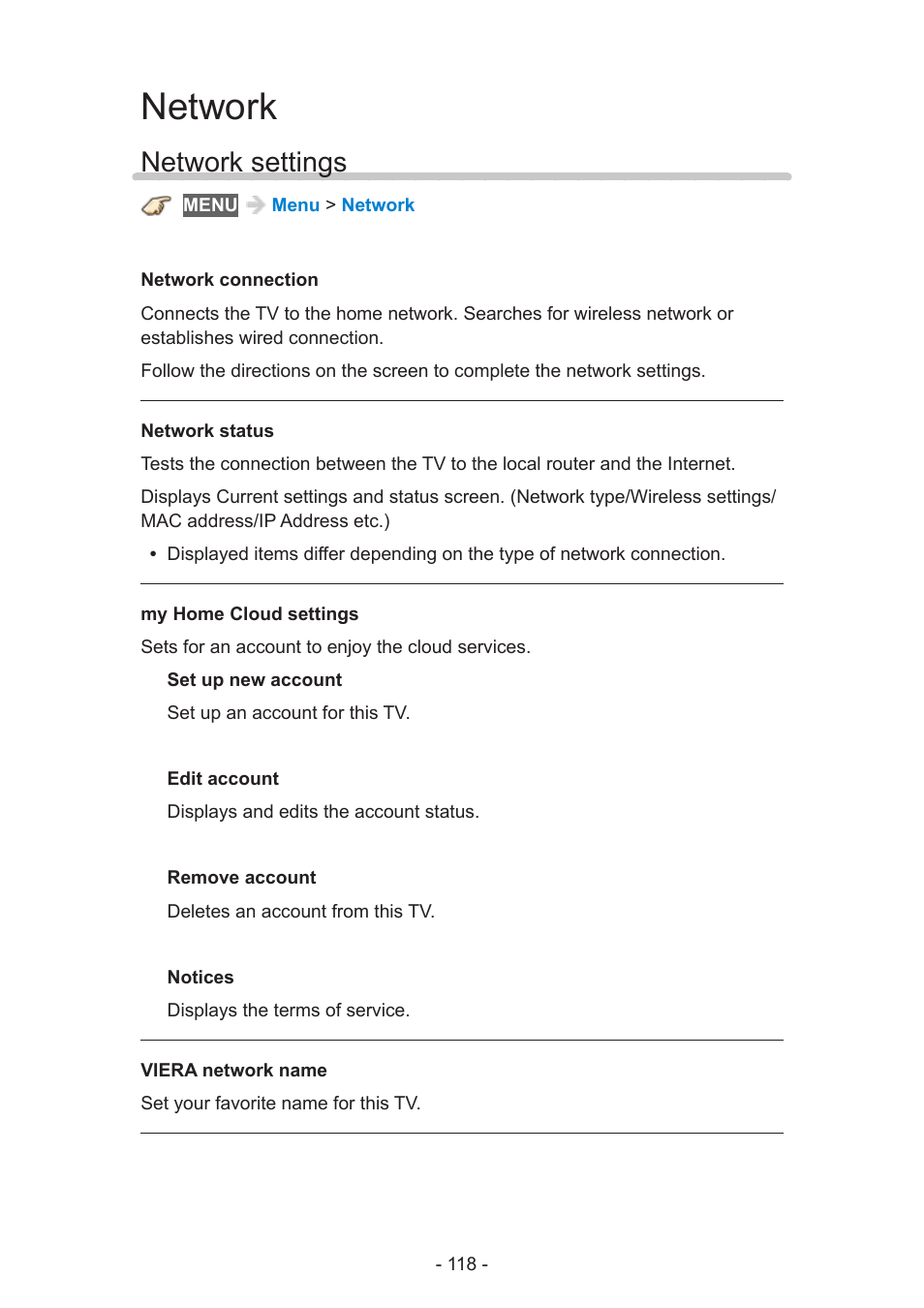Network, Network settings | Panasonic TC-55AS530U User Manual | Page 118 / 157