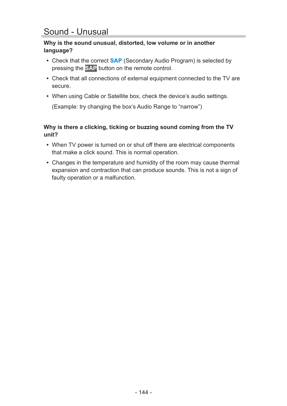 Sound - unusual | Panasonic TC-55AS530U User Manual | Page 144 / 157