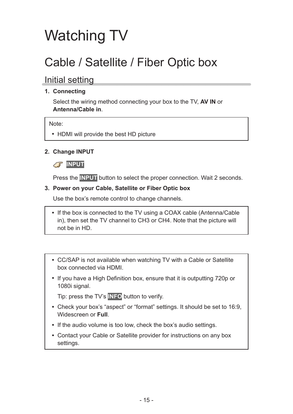 Watching tv, Cable / satellite / fiber optic box, Initial setting | Panasonic TC-55AS530U User Manual | Page 15 / 157
