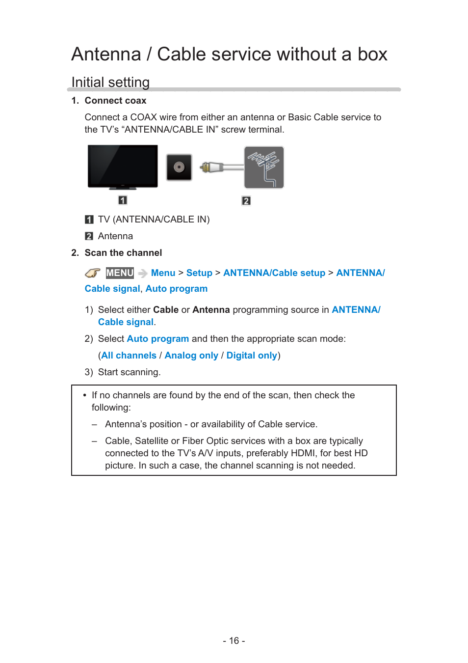 Antenna / cable service without a box, Initial setting | Panasonic TC-55AS530U User Manual | Page 16 / 157