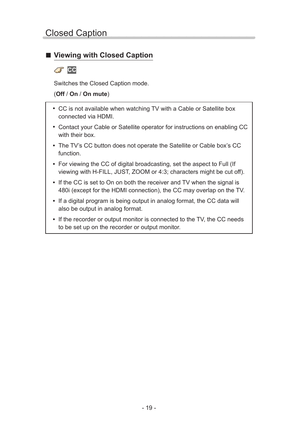 Closed caption, Closed caption 32, Viewing with closed caption | Panasonic TC-55AS530U User Manual | Page 19 / 157