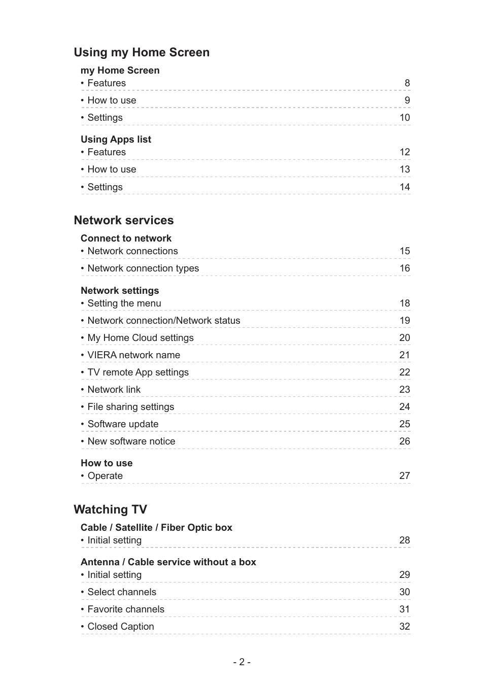 Using my home screen, Network services, Watching tv | Panasonic TC-55AS530U User Manual | Page 2 / 157