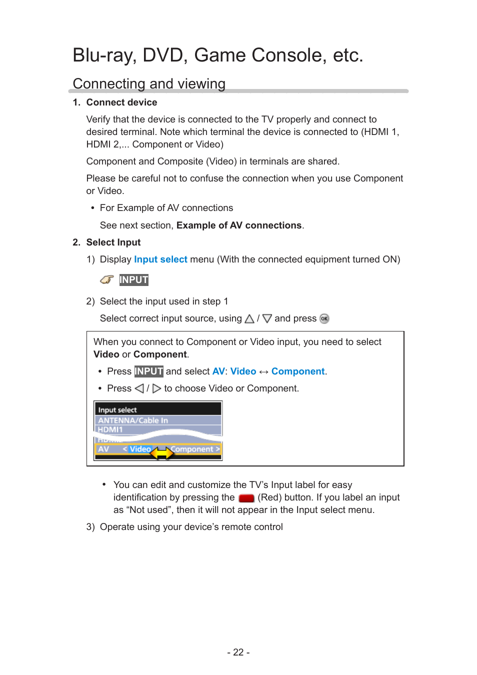 Blu-ray, dvd, game console, etc, Connecting and viewing | Panasonic TC-55AS530U User Manual | Page 22 / 157