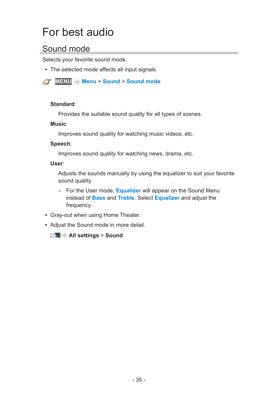 For best audio, Sound mode, Sound mode 48 | Panasonic TC-55AS530U User Manual | Page 35 / 157