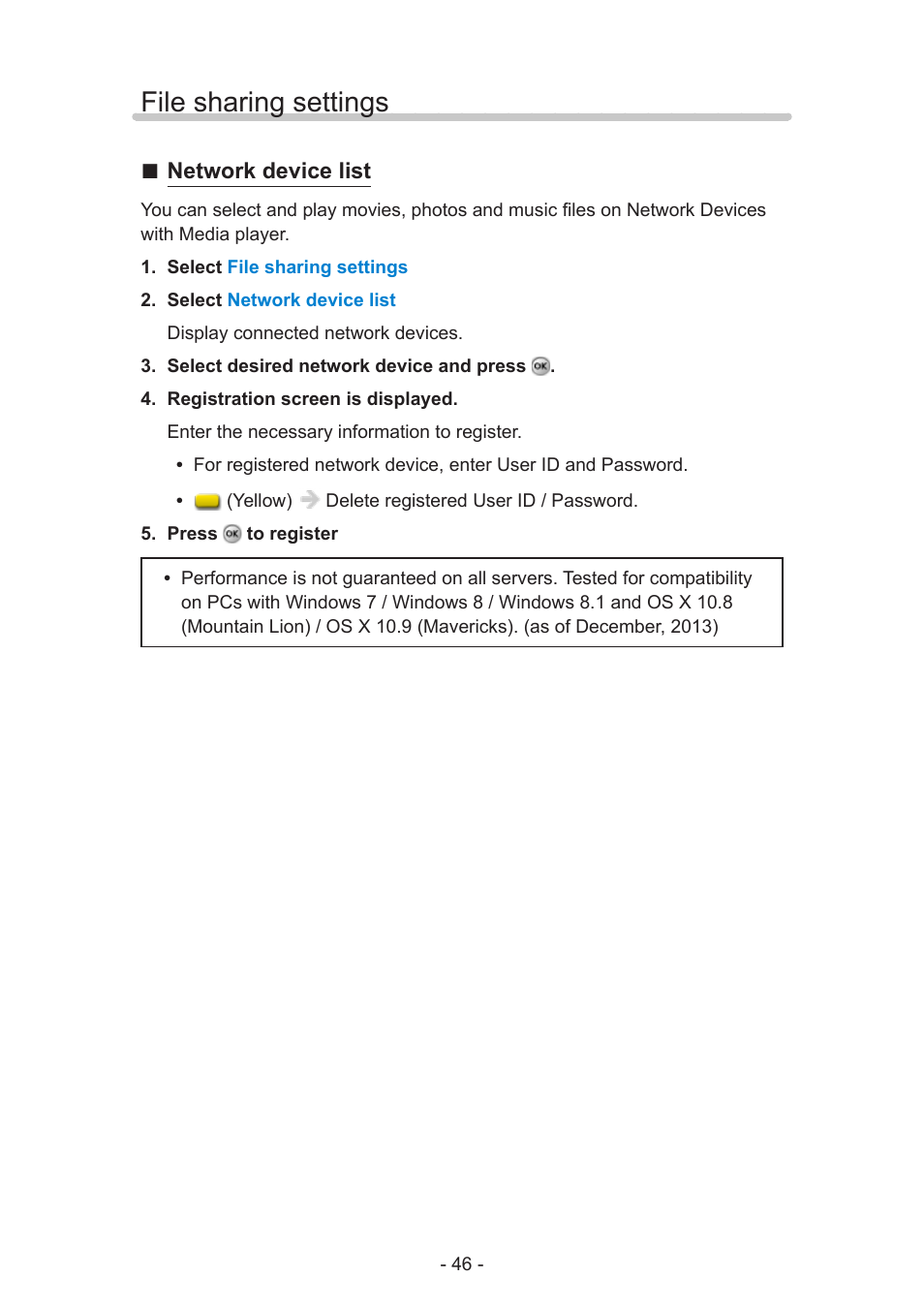 File sharing settings, Network device list | Panasonic TC-55AS530U User Manual | Page 46 / 157
