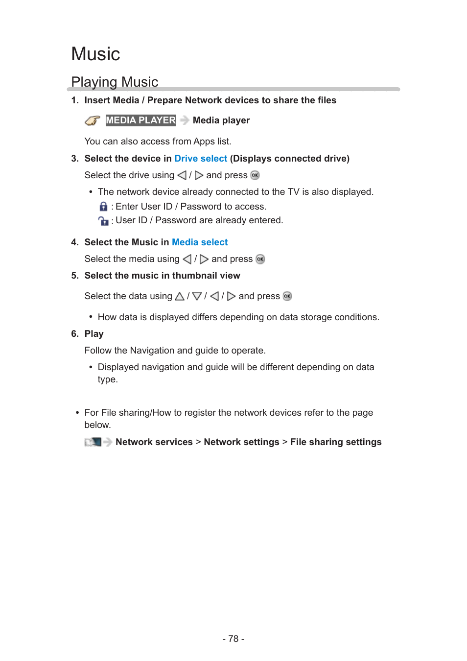Music, Playing music | Panasonic TC-55AS530U User Manual | Page 78 / 157