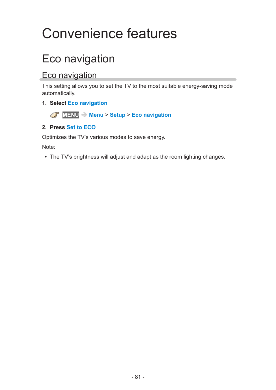 Convenience features, Eco navigation, Eco navigation 81 | Panasonic TC-55AS530U User Manual | Page 81 / 157