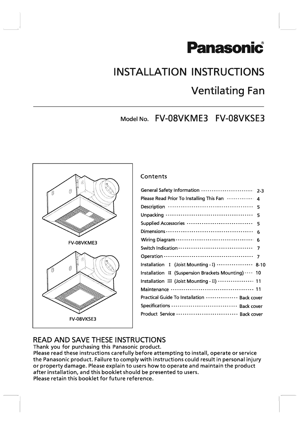 Panasonic FV-08VKME3 User Manual | 12 pages