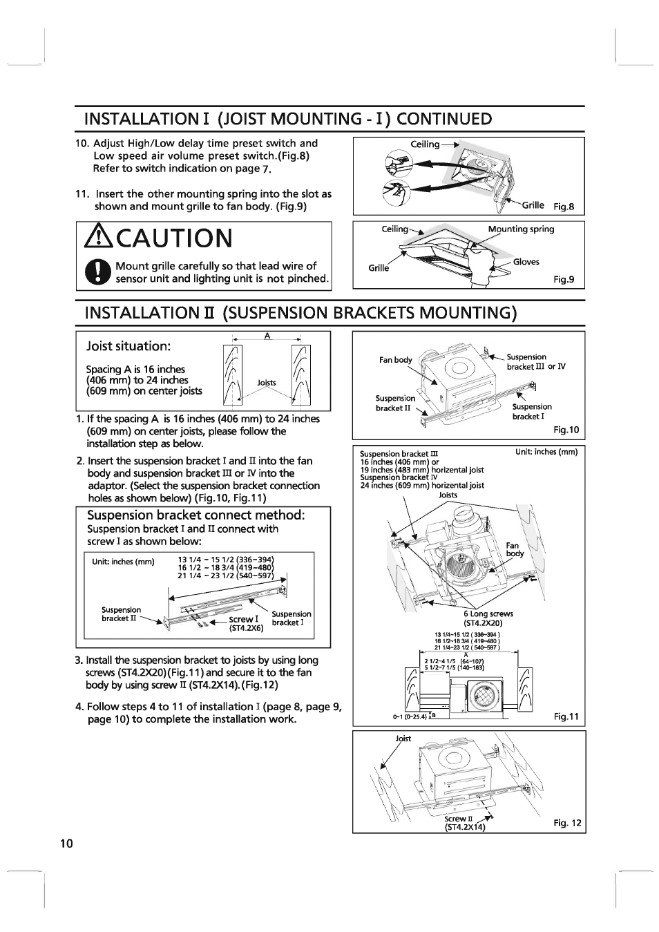 Caution, Installation e (suspension brackets mounting), Installation i (joist mounting -1) continued | Panasonic FV-08VKME3 User Manual | Page 10 / 12