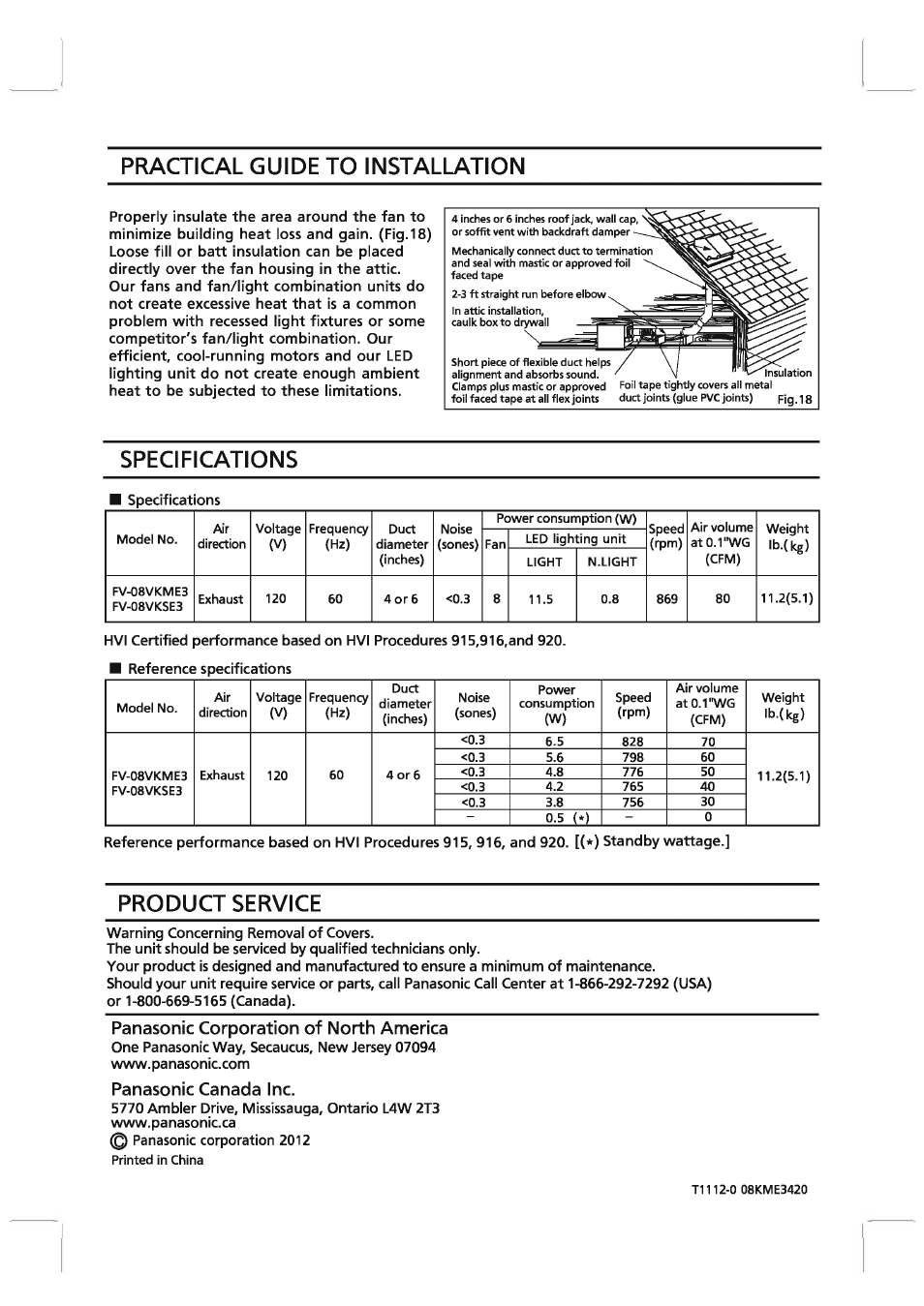 Panasonic canada inc, Practical guide to installation, Specifications | Product service, Panasonic corporation of north america | Panasonic FV-08VKME3 User Manual | Page 12 / 12