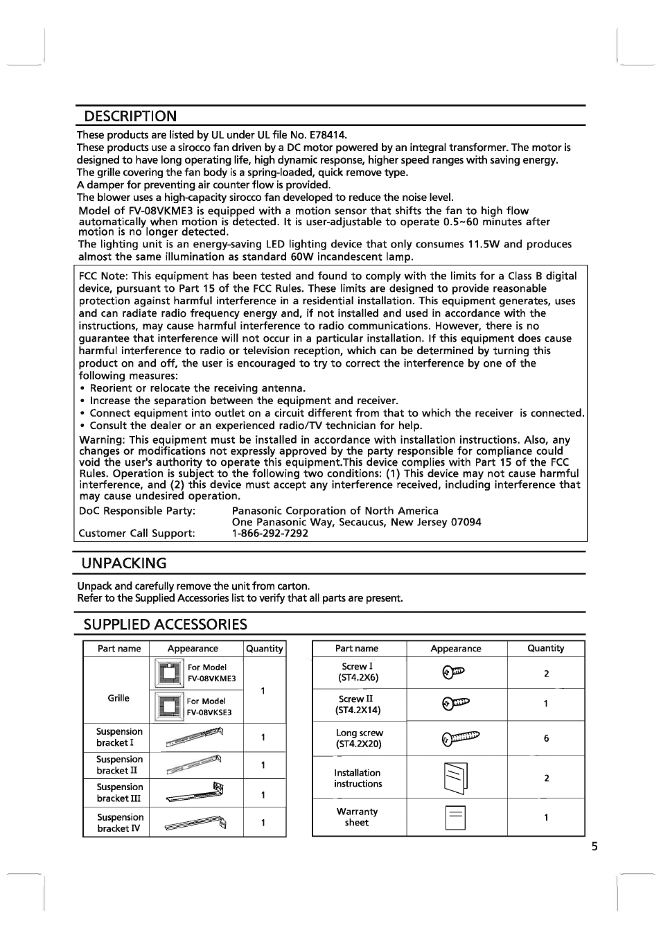 0psi, Description, Unpacking | Supplied accessories | Panasonic FV-08VKME3 User Manual | Page 5 / 12