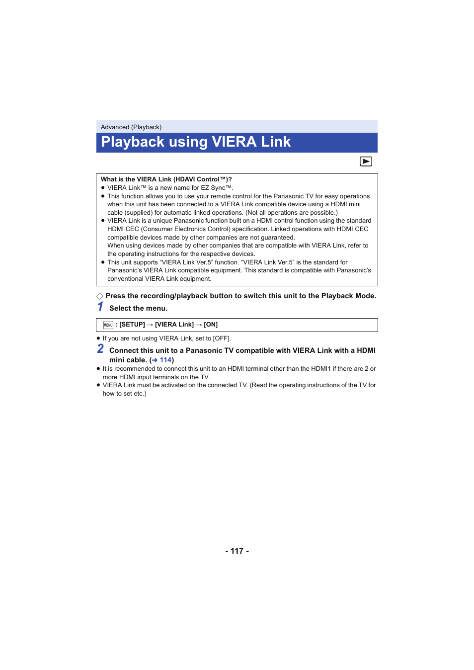 Playback using viera link, L 117 | Panasonic HC-W850K User Manual | Page 117 / 220