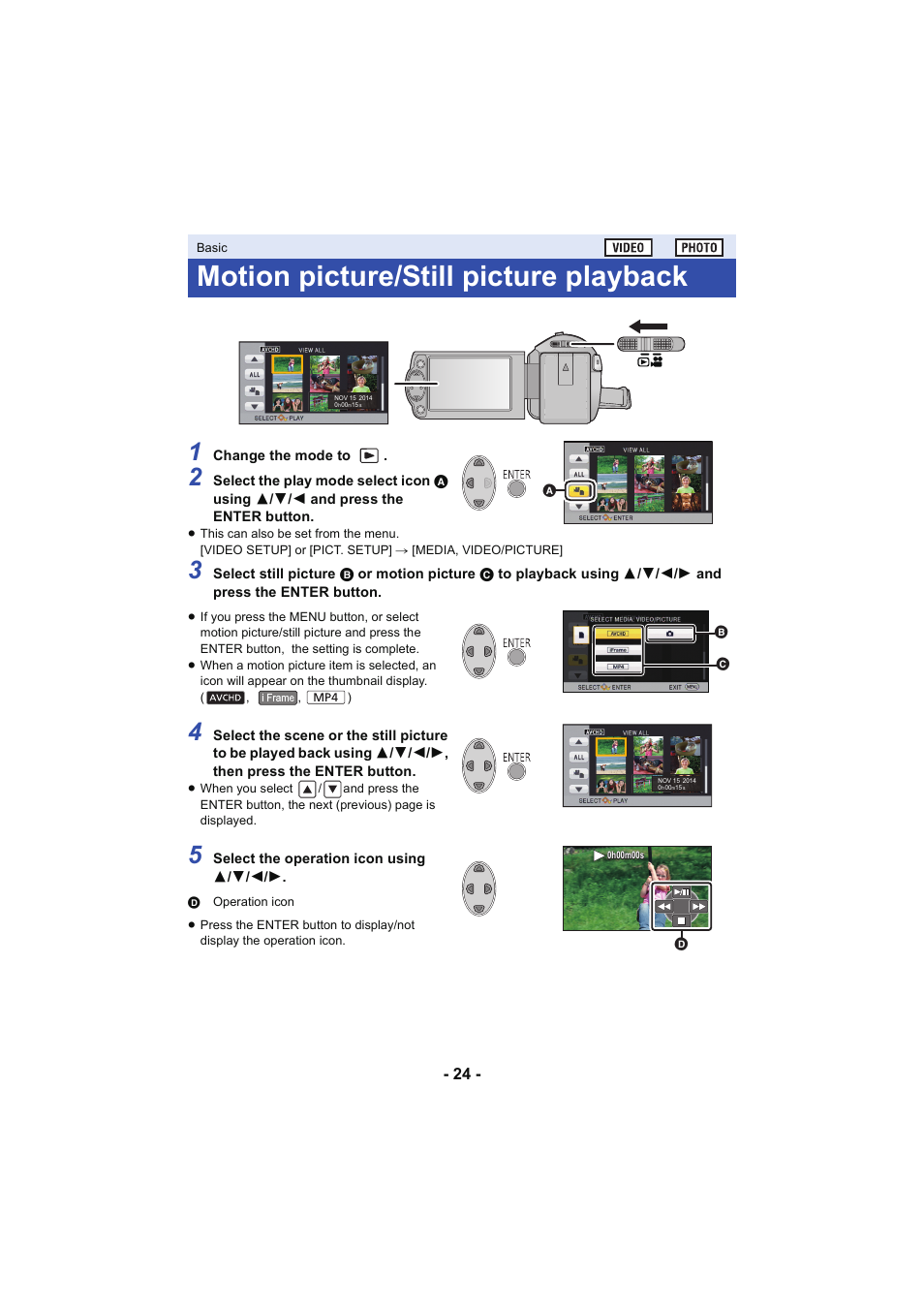 Motion picture/still picture playback, L 24 | Panasonic HC-V130K User Manual | Page 24 / 100