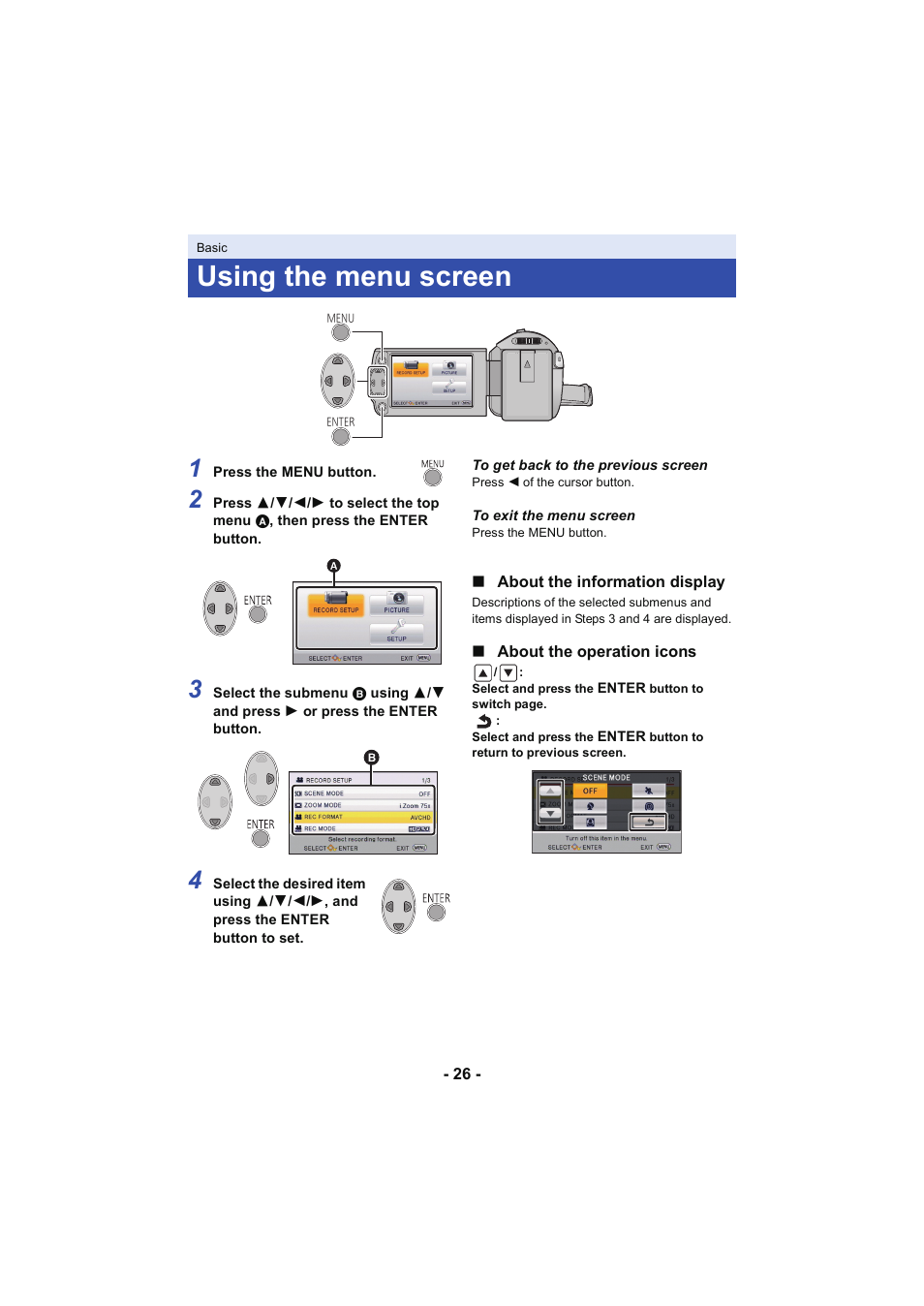 Using the menu screen, L 26 | Panasonic HC-V130K User Manual | Page 26 / 100