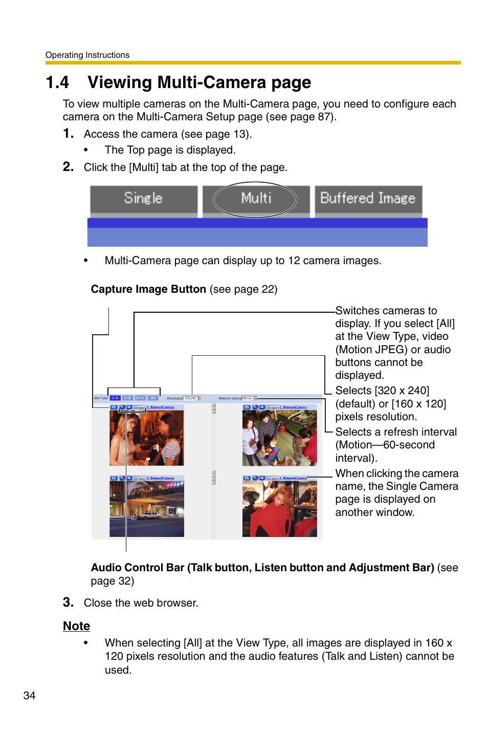 E 34, 4 viewing multi-camera page | Panasonic BB-HCM381A User Manual | Page 34 / 160