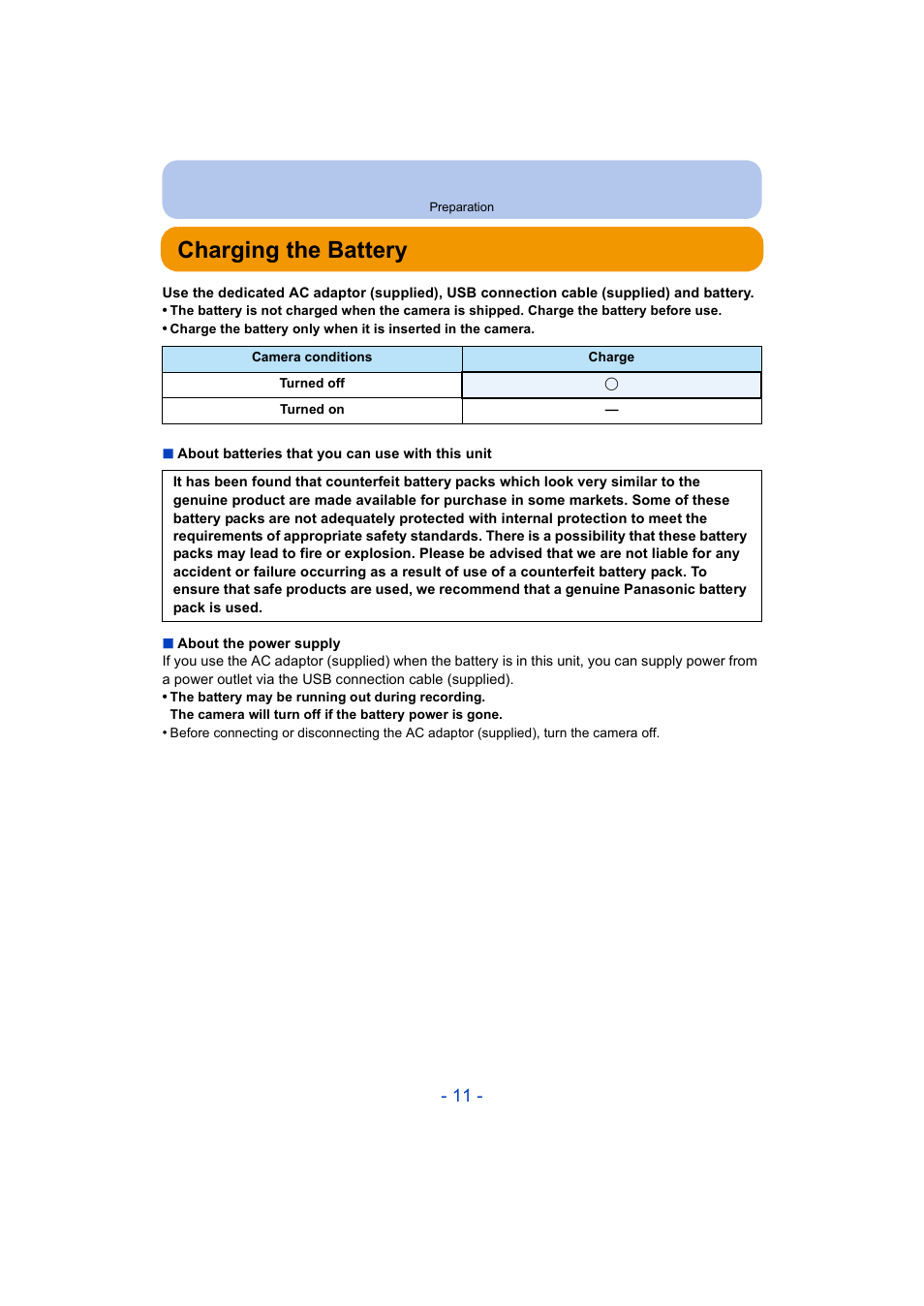 Preparation, Charging the battery | Panasonic DMC-ZS35W User Manual | Page 11 / 186