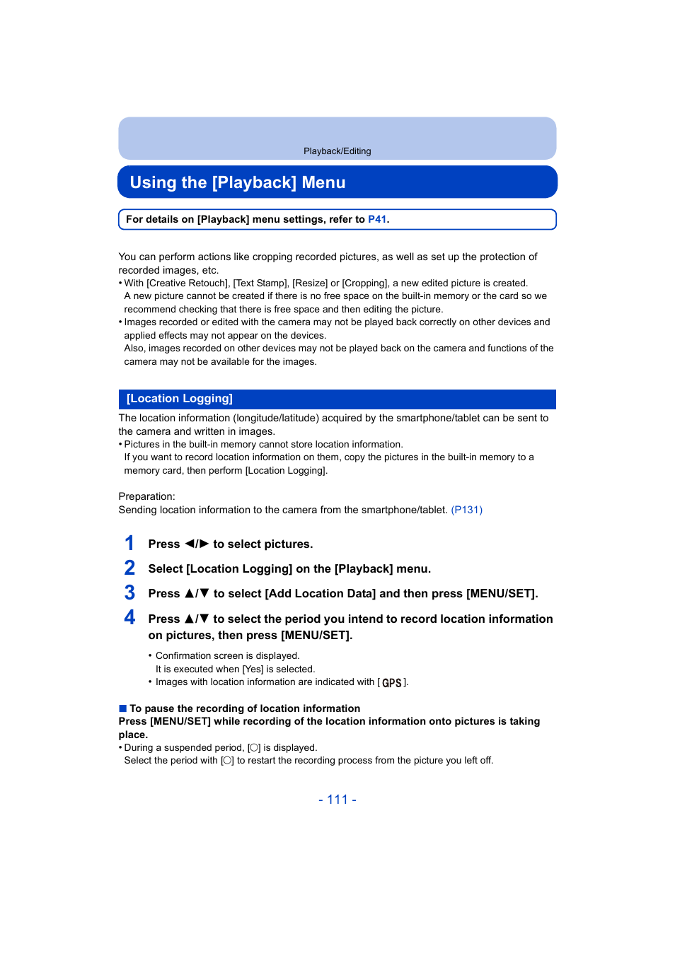 Using the [playback] menu, Location logging, P111) | Panasonic DMC-ZS35W User Manual | Page 111 / 186