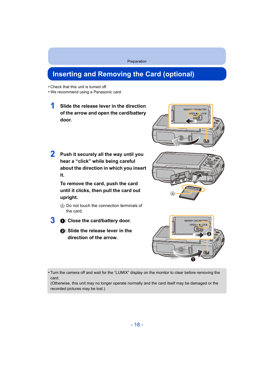 Inserting and removing the card (optional) | Panasonic DMC-ZS35W User Manual | Page 18 / 186
