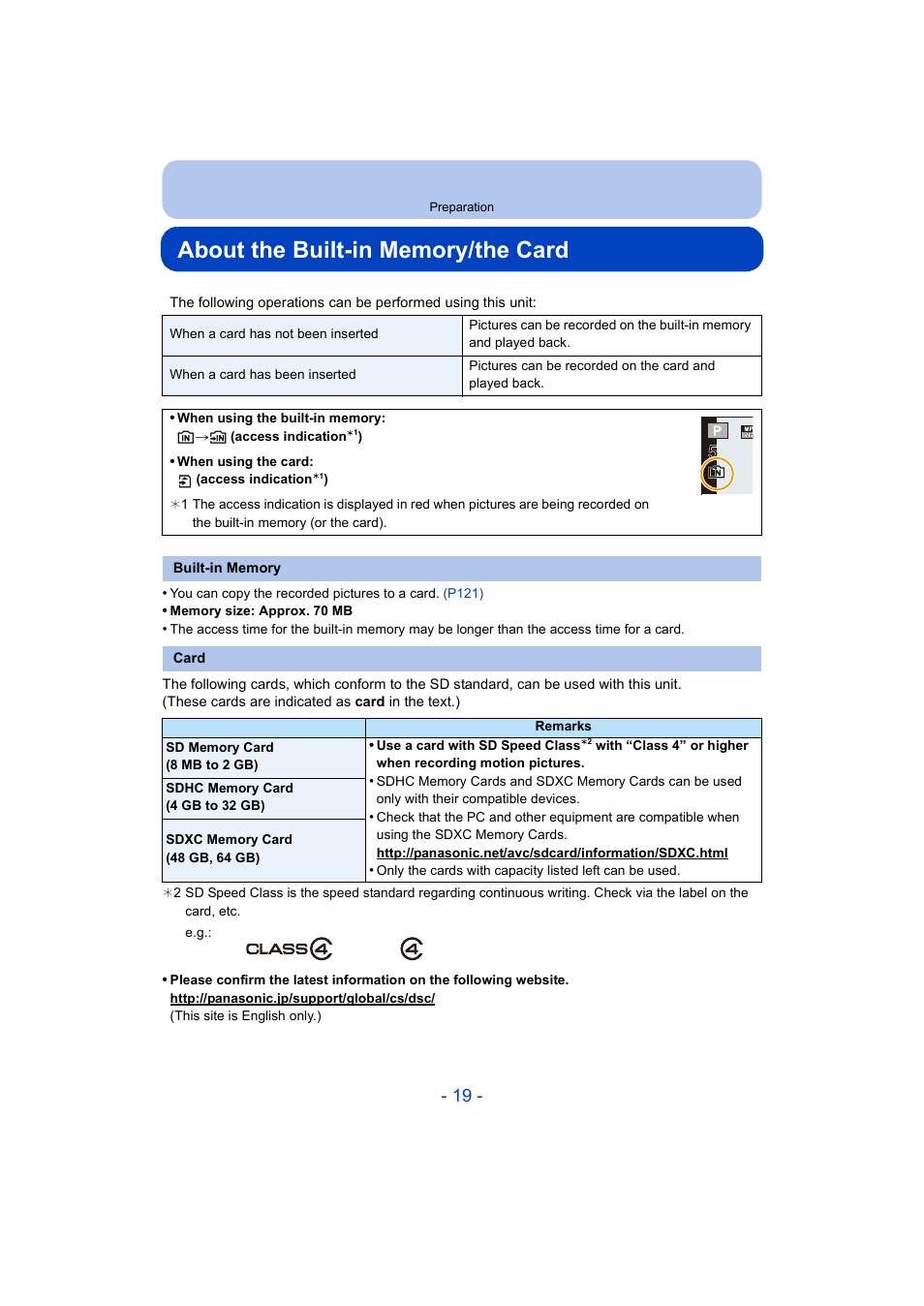 About the built-in memory/the card | Panasonic DMC-ZS35W User Manual | Page 19 / 186