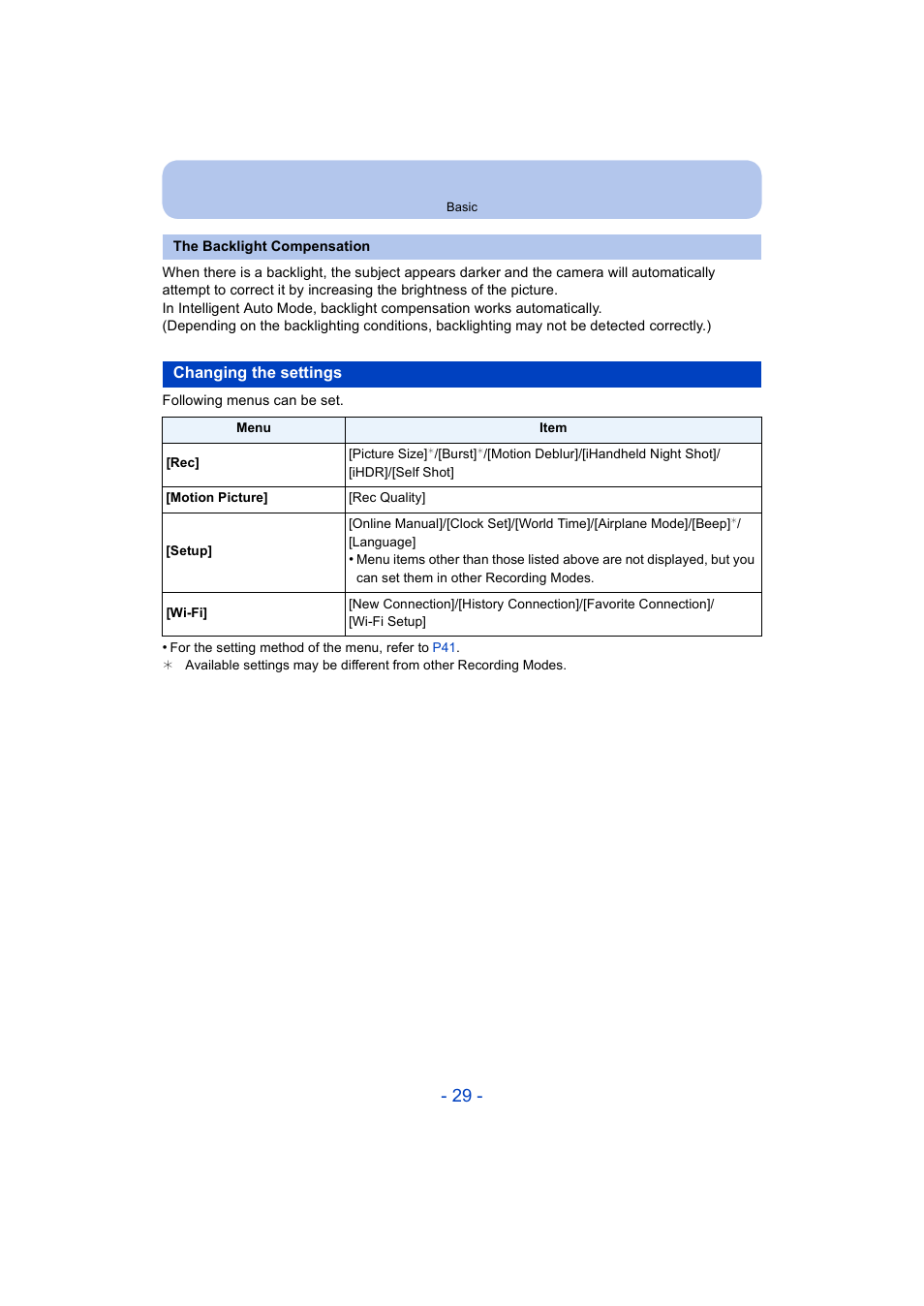Changing the settings | Panasonic DMC-ZS35W User Manual | Page 29 / 186