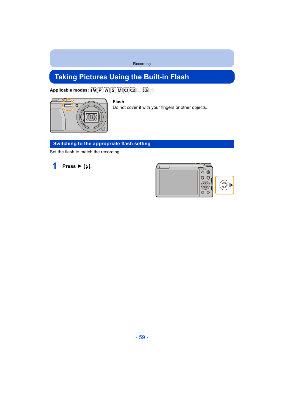 Taking pictures using the built-in flash, Switching to the appropriate flash setting, P59) | Panasonic DMC-ZS35W User Manual | Page 59 / 186