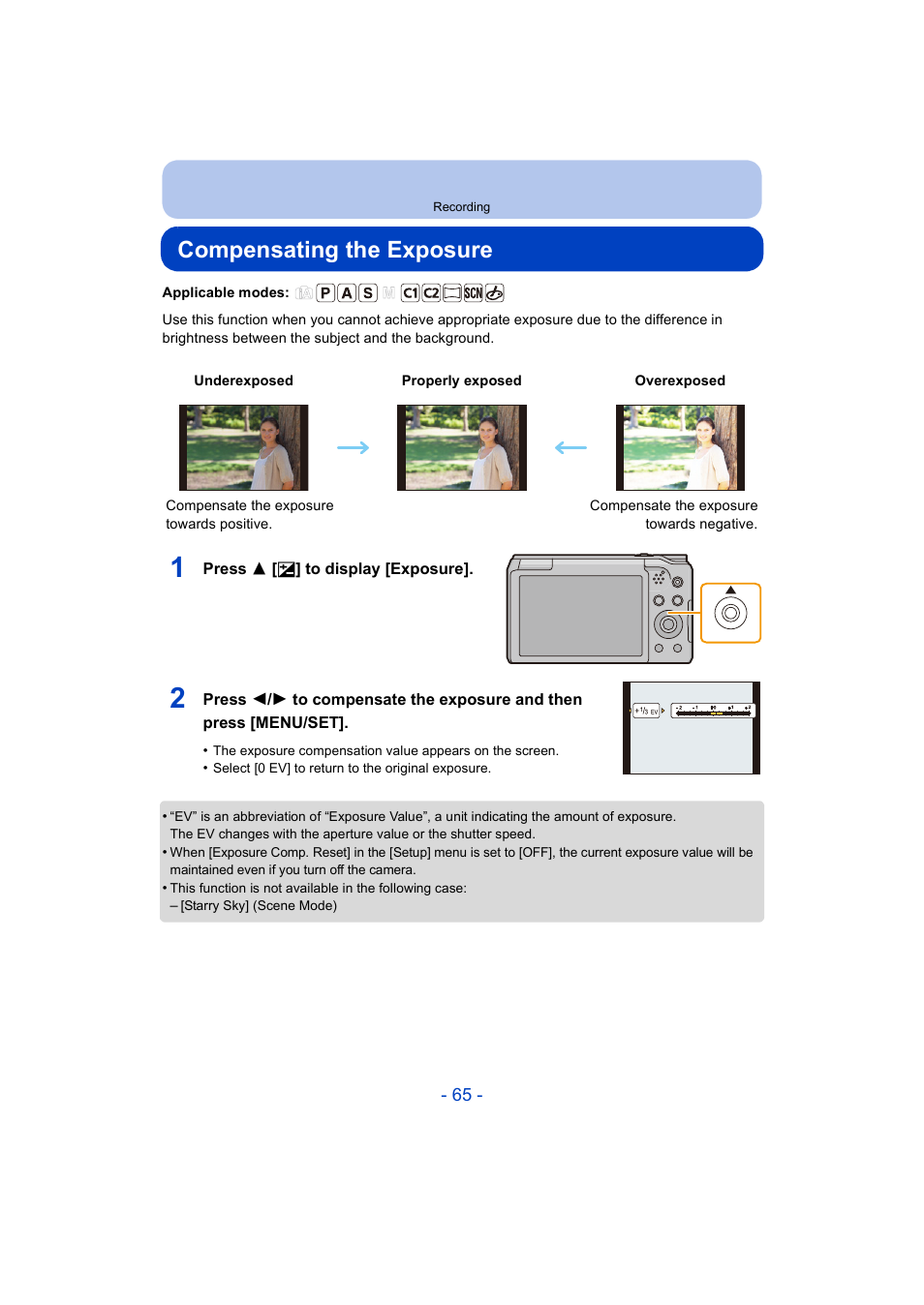 Compensating the exposure, Bracket) | Panasonic DMC-ZS35W User Manual | Page 65 / 186