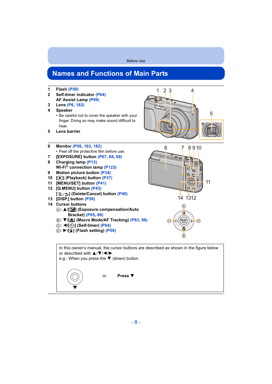 Names and functions of main parts | Panasonic DMC-ZS35W User Manual | Page 8 / 186
