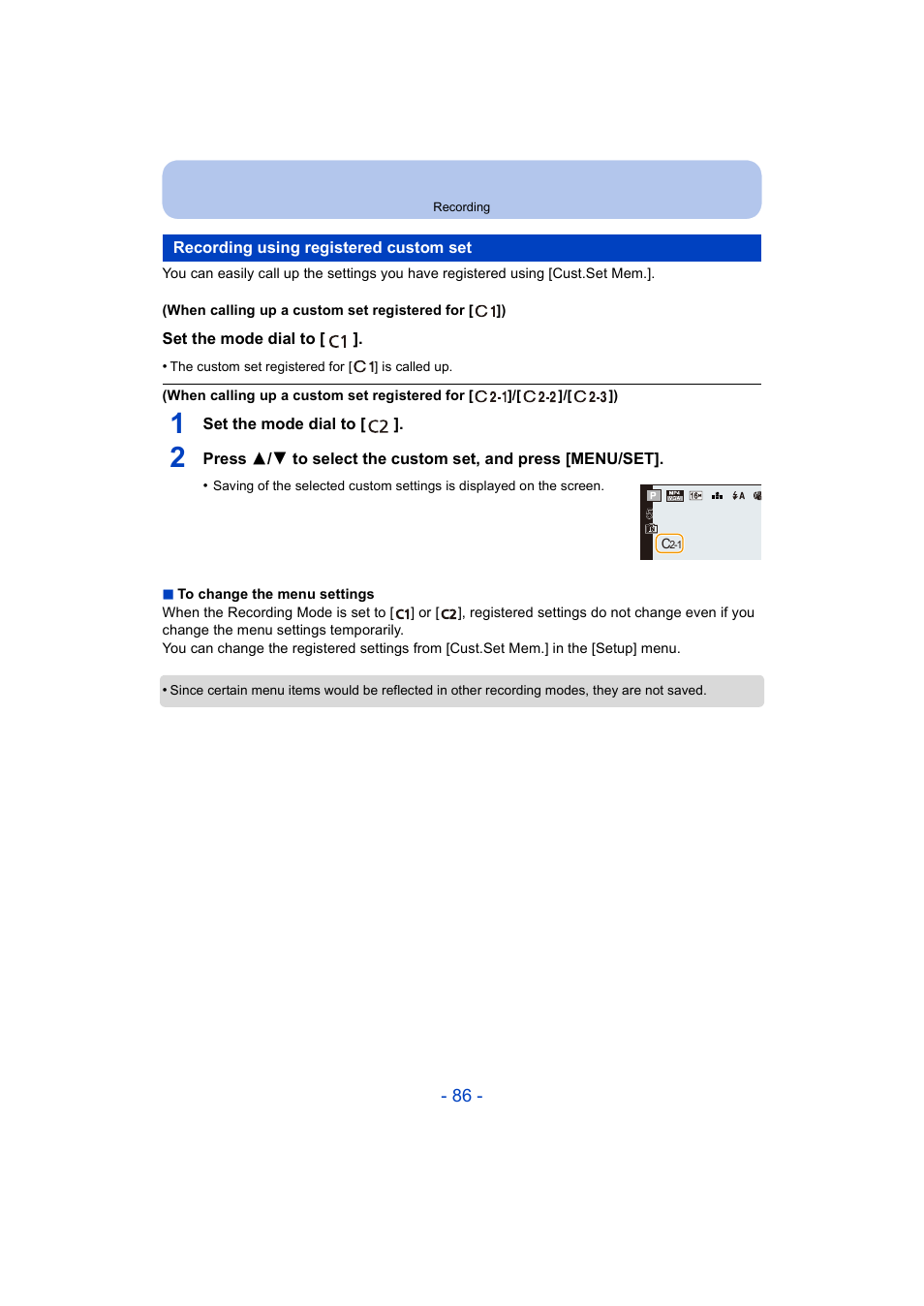 Recording using registered custom set | Panasonic DMC-ZS35W User Manual | Page 86 / 186