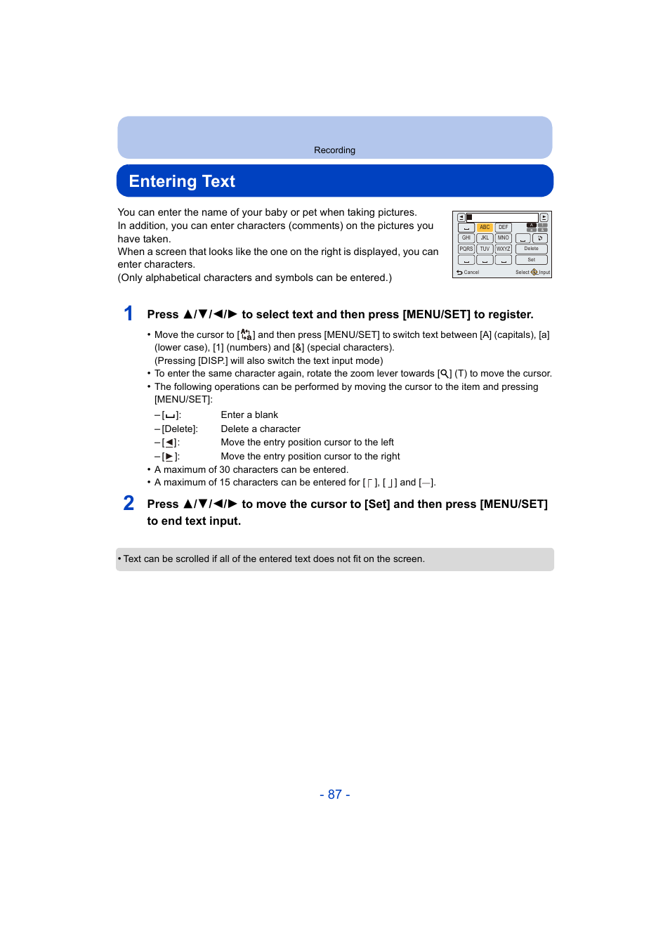 Entering text, Entering text” on | Panasonic DMC-ZS35W User Manual | Page 87 / 186