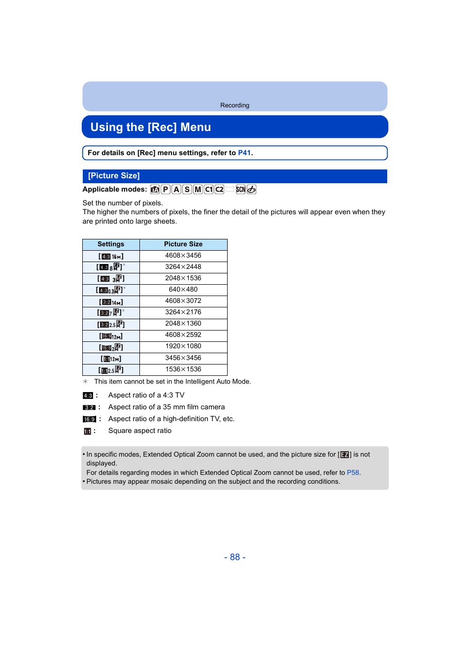 Using the [rec] menu, Picture size, P88) | Panasonic DMC-ZS35W User Manual | Page 88 / 186