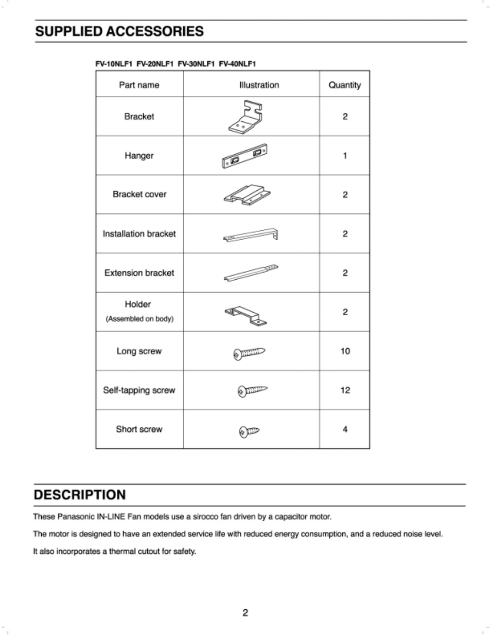 Supplied accessories, Description | Panasonic FV-30NLF1 User Manual | Page 2 / 9