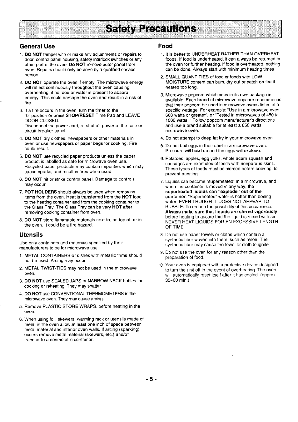 General use, Utensils, Food | Panasonic NE-1054F User Manual | Page 5 / 20