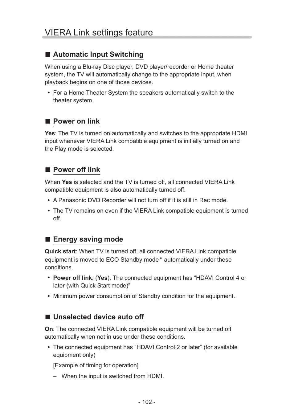 Viera link settings feature | Panasonic TC-60AS650U User Manual | Page 102 / 184