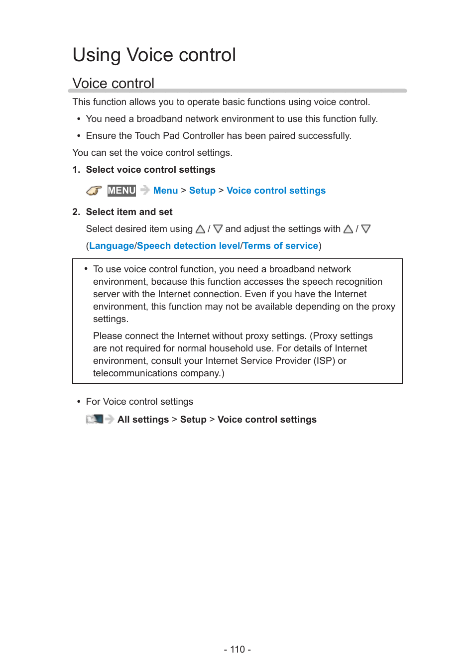 Using voice control, Voice control, Voice control 110 | Panasonic TC-60AS650U User Manual | Page 110 / 184