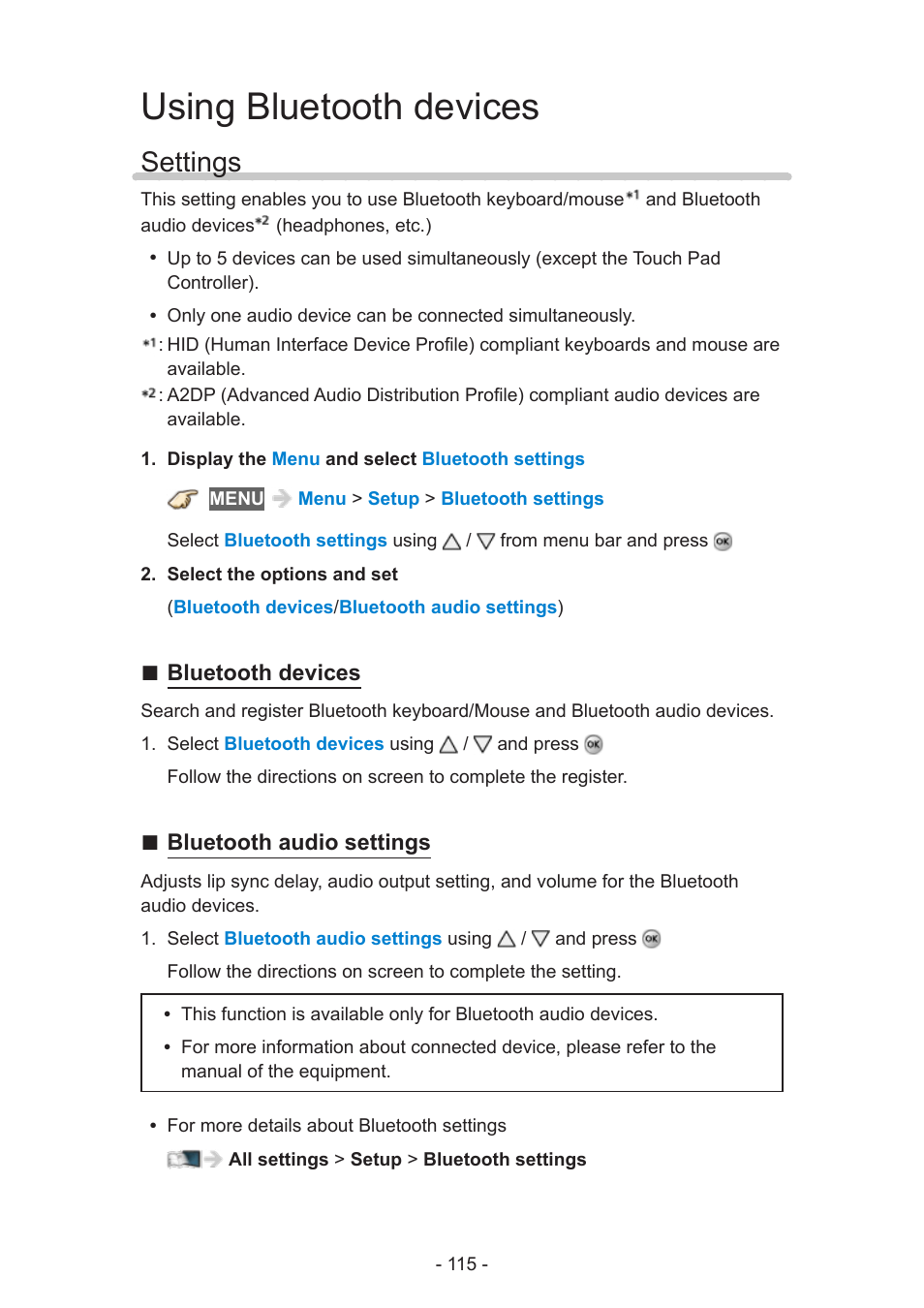 Using bluetooth devices, Settings, Settings 115 | Bluetooth devices, Bluetooth audio settings | Panasonic TC-60AS650U User Manual | Page 115 / 184