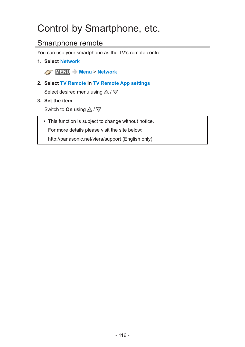 Control by smartphone, etc, Smartphone remote | Panasonic TC-60AS650U User Manual | Page 116 / 184