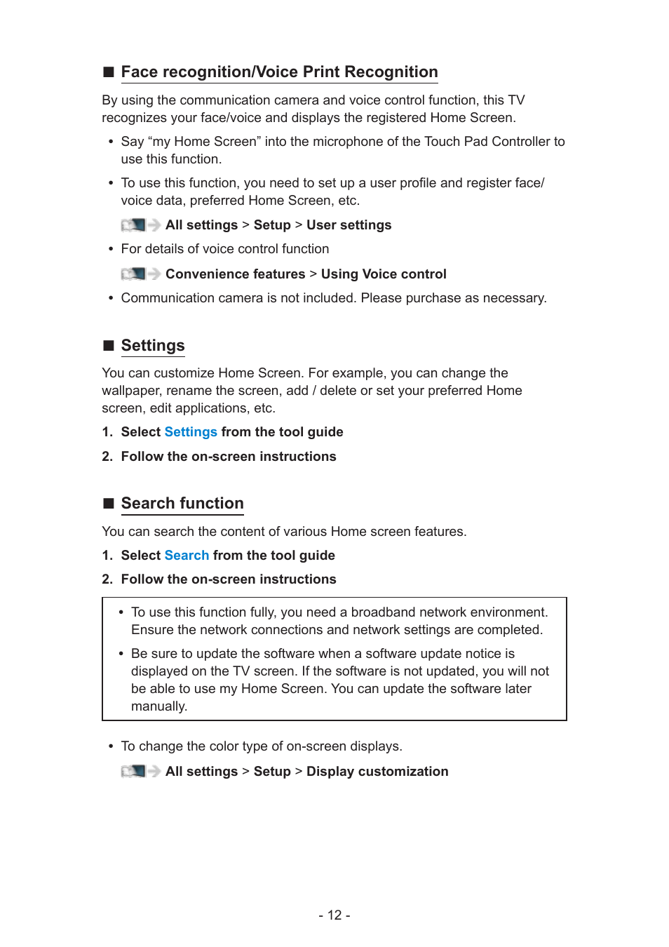 Face recognition/voice print recognition, Settings, Search function | Panasonic TC-60AS650U User Manual | Page 12 / 184