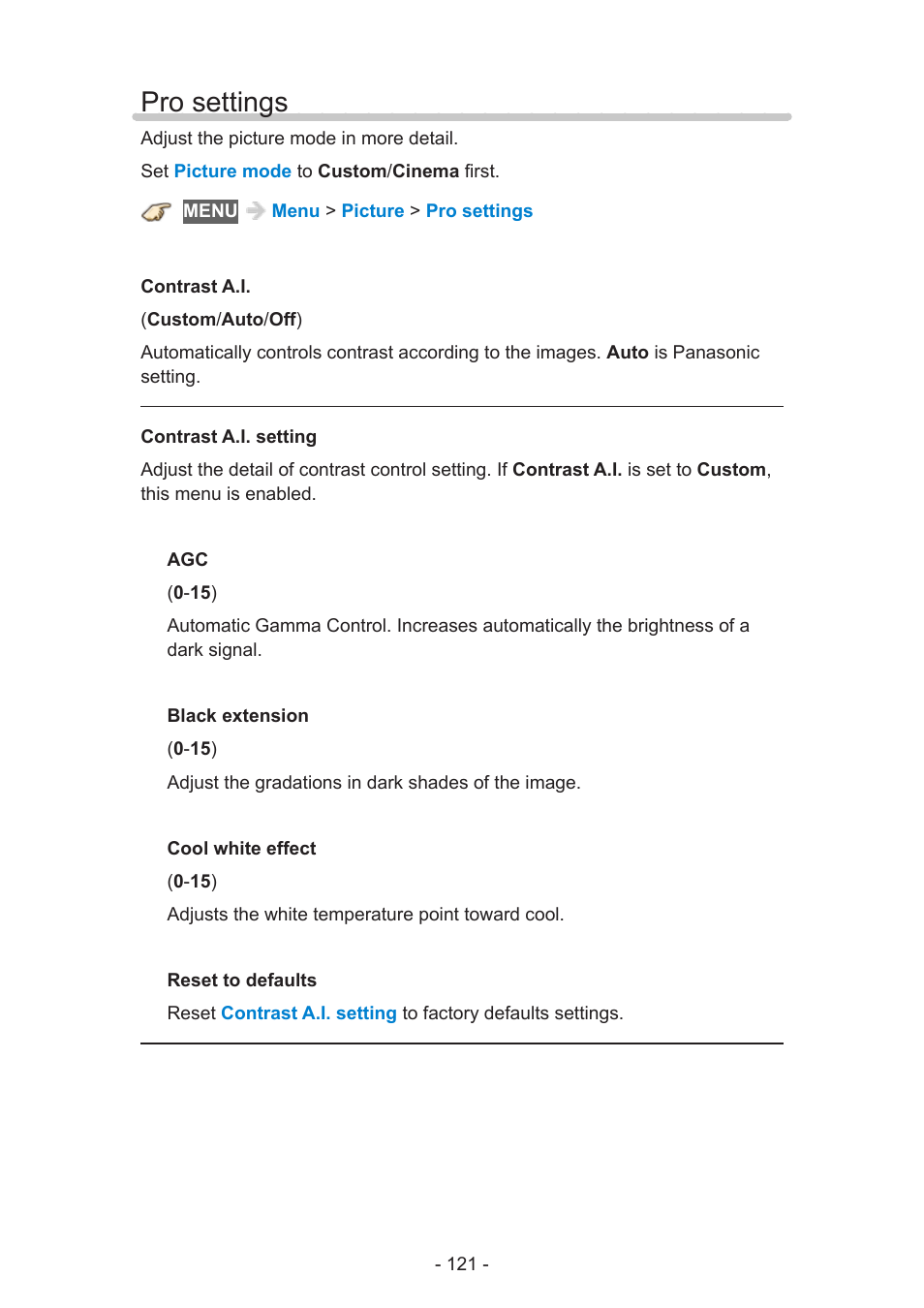 Pro settings, Pro settings 121 | Panasonic TC-60AS650U User Manual | Page 121 / 184