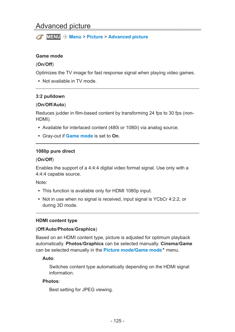 Advanced picture, Advanced picture 125 | Panasonic TC-60AS650U User Manual | Page 125 / 184