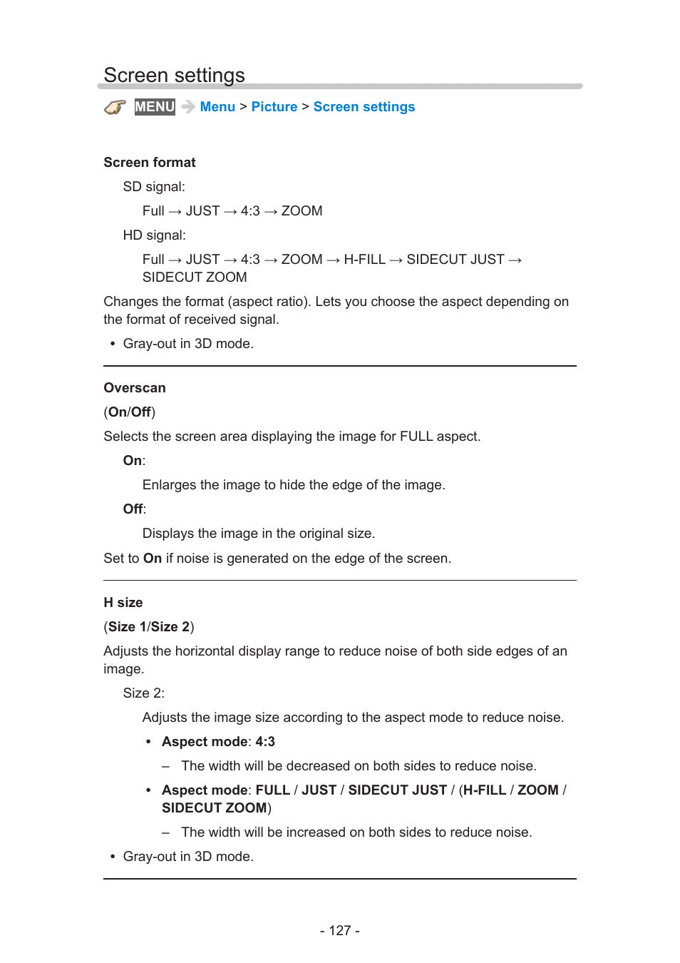 Screen settings | Panasonic TC-60AS650U User Manual | Page 127 / 184