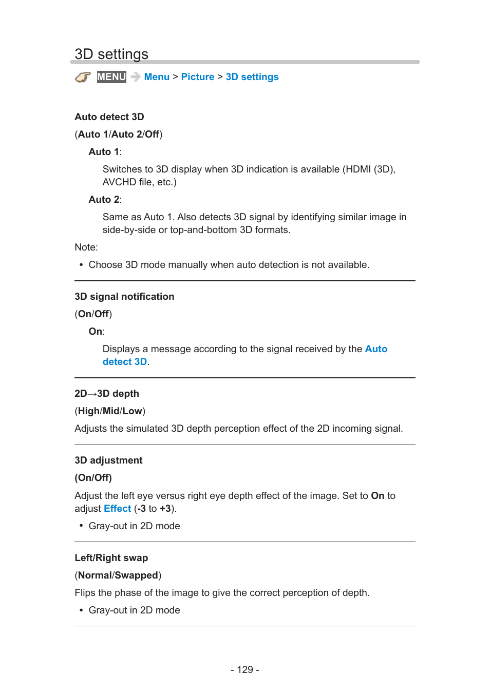 3d settings, 3d settings 129 | Panasonic TC-60AS650U User Manual | Page 129 / 184