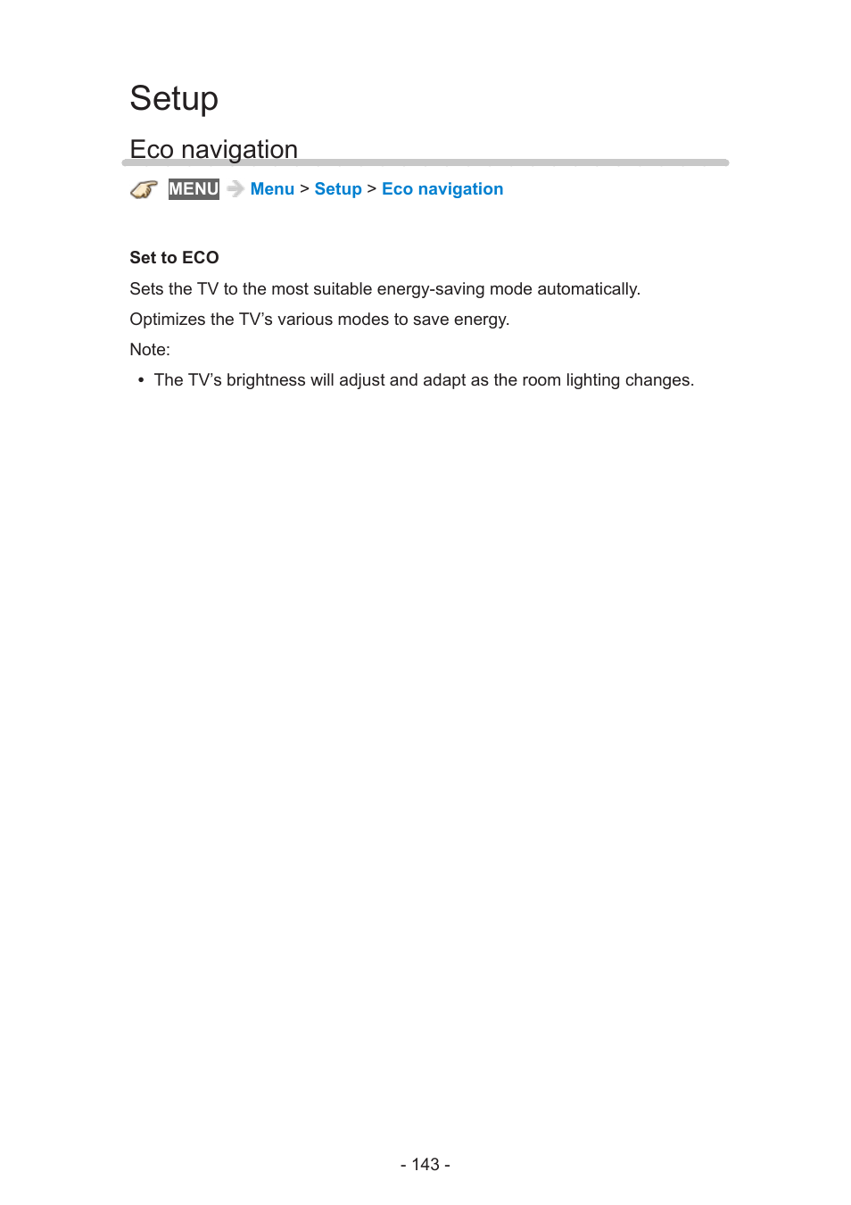 Setup, Eco navigation, Eco navigation 143 | Panasonic TC-60AS650U User Manual | Page 143 / 184
