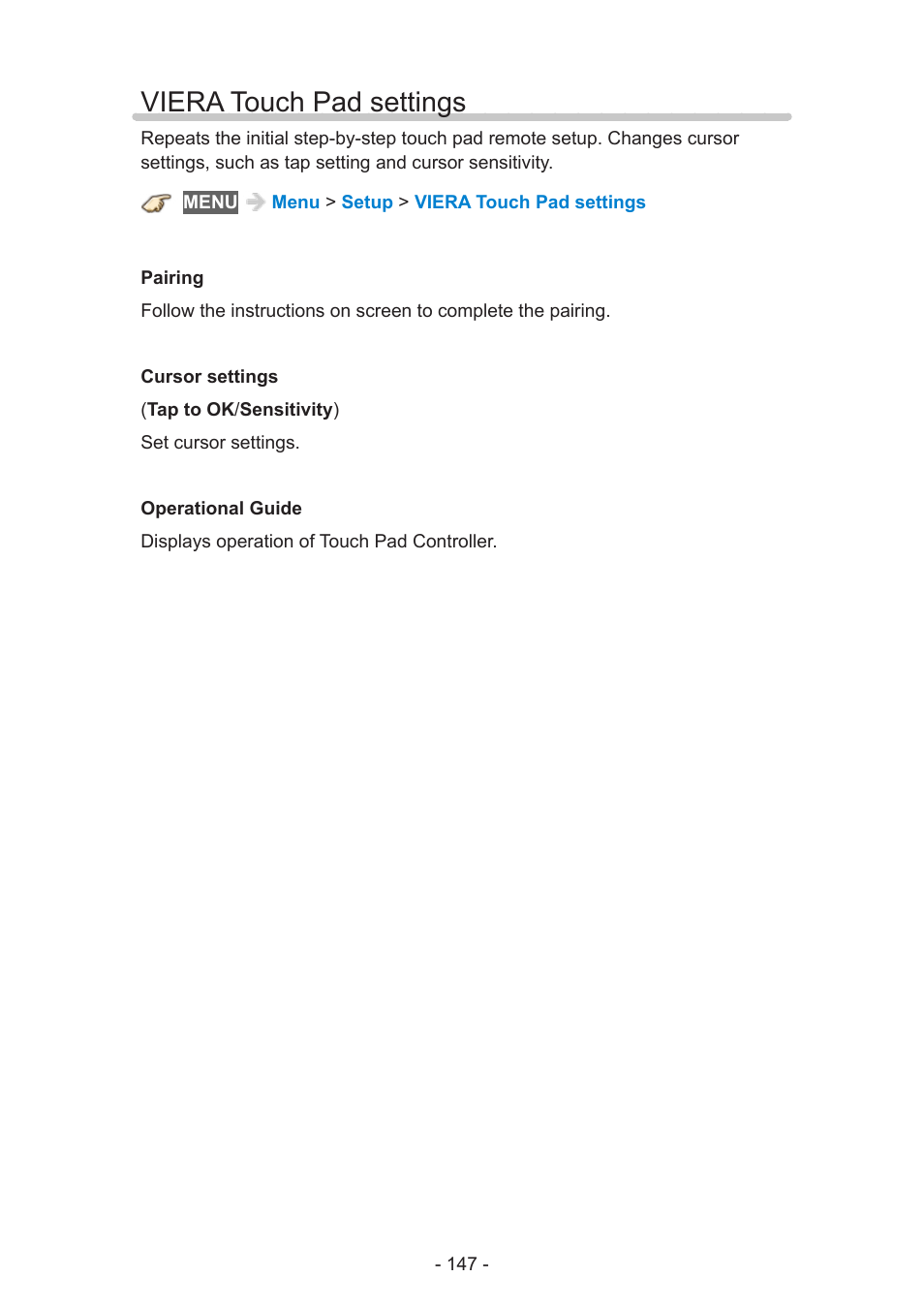 Viera touch pad settings | Panasonic TC-60AS650U User Manual | Page 147 / 184